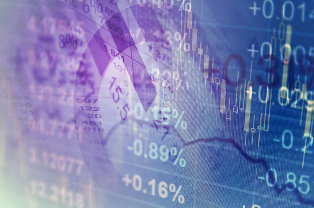Close-up computer monitor with trading software. Multiple exposu