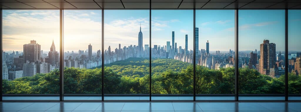 A view of the city from inside an office building, the New York skyline visible through glass windows. Trees can be seen outside, with towering skyscrapers in the distance.