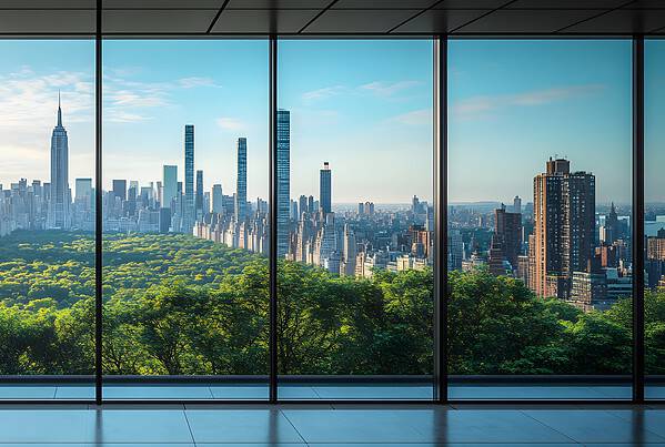 A view of the city from inside an office building, the New York skyline visible through glass windows. Trees can be seen outside, with towering skyscrapers in the distance.