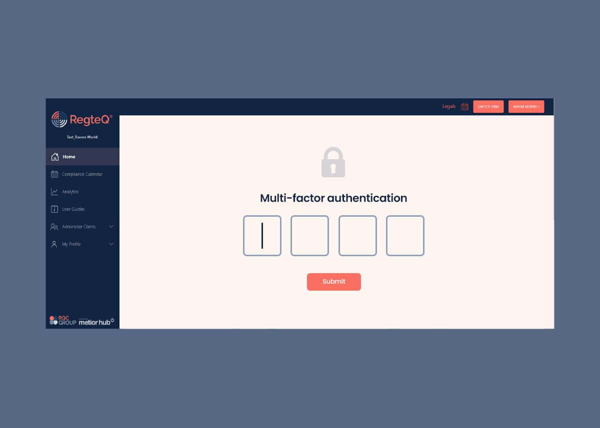 Secure multi-factor authentication login interface for RQC Group's compliance and cybersecurity solutions.