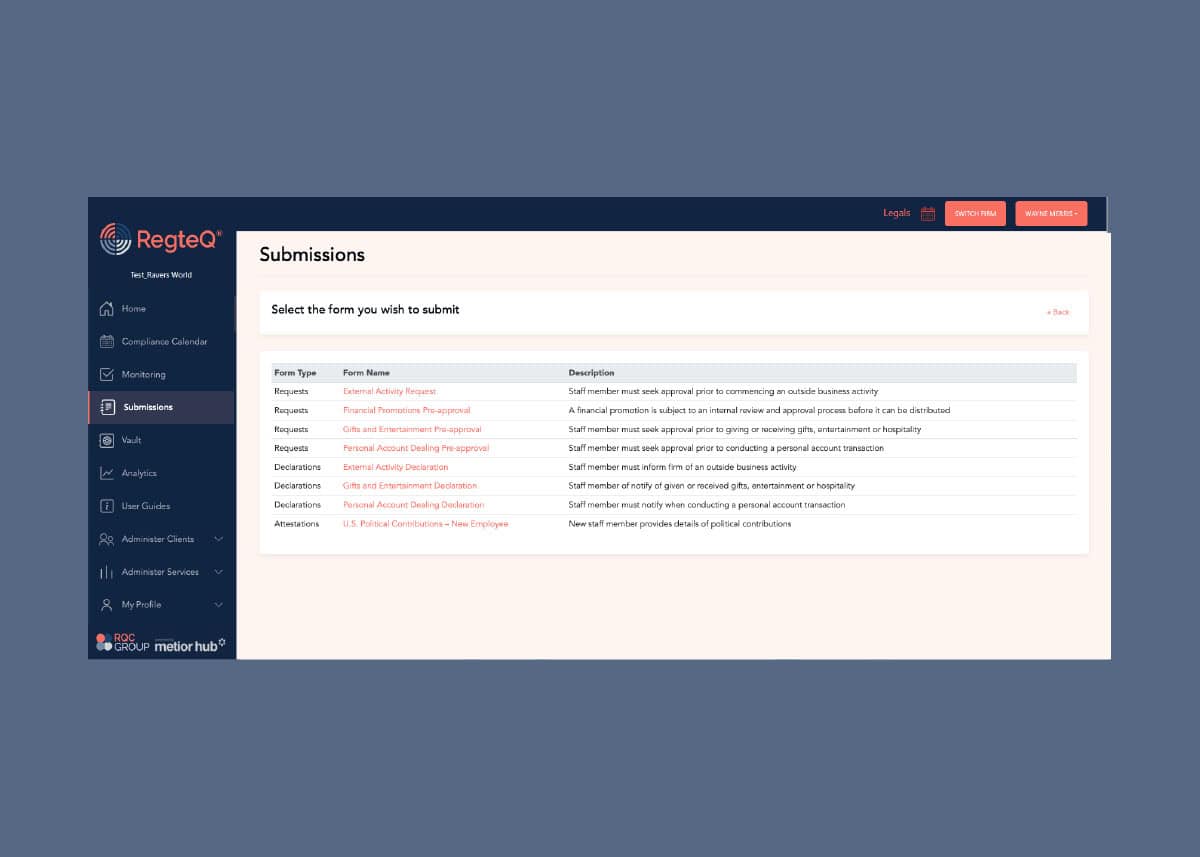 Secure online submission platform for RQC Group compliance and regulatory forms in the UK.