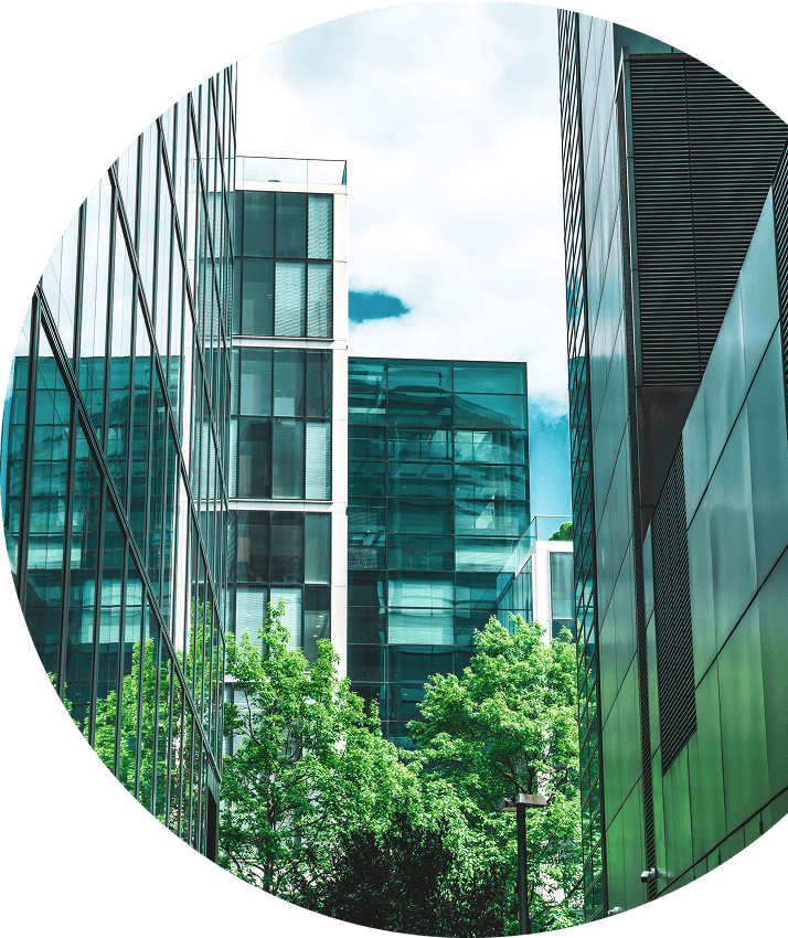 Modern glass office buildings with lush green trees in an urban setting, showcasing contemporary architecture.